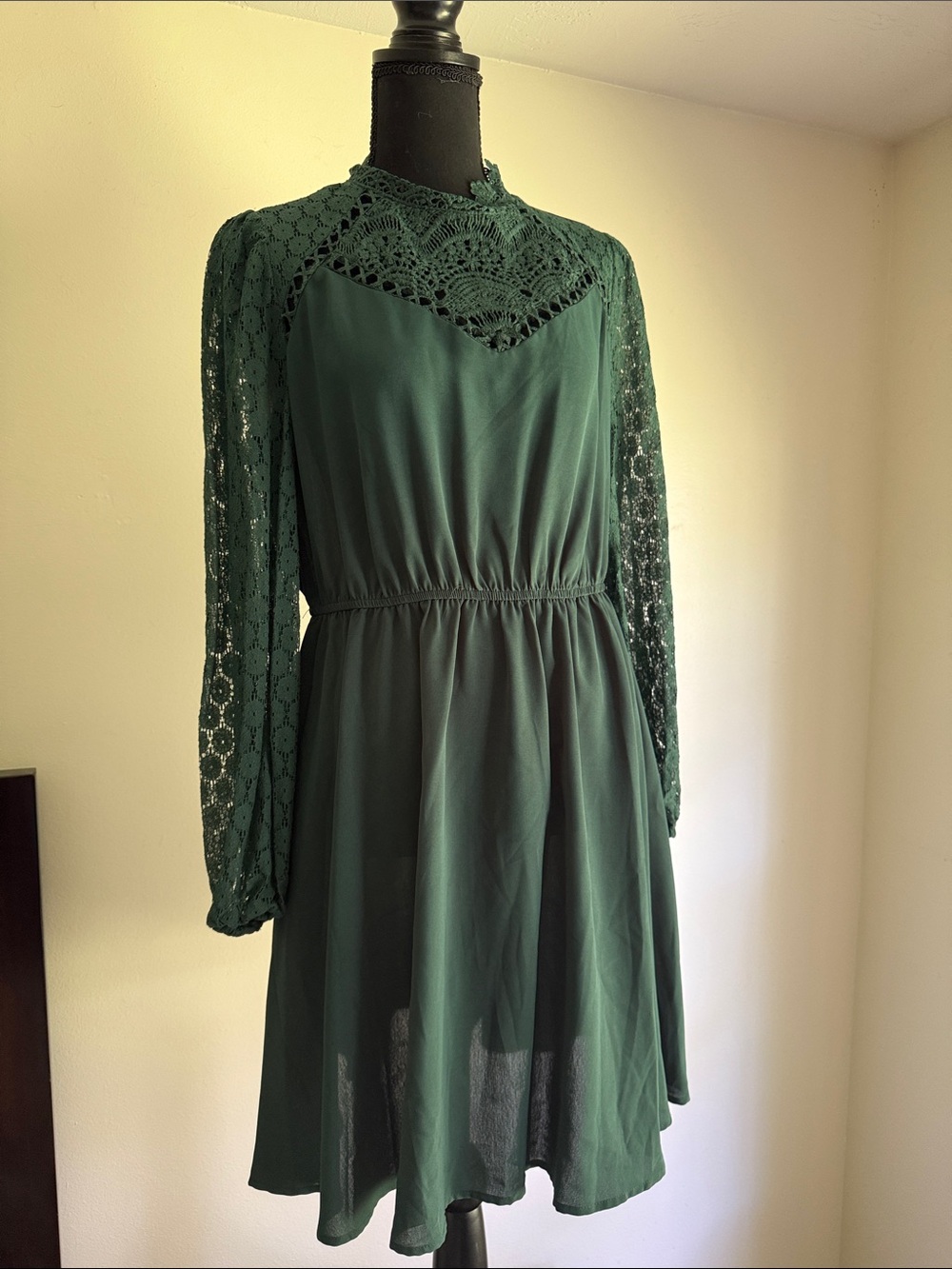 SHEIN Dark Green Lace Yoke Long Sleeve Midi Dress